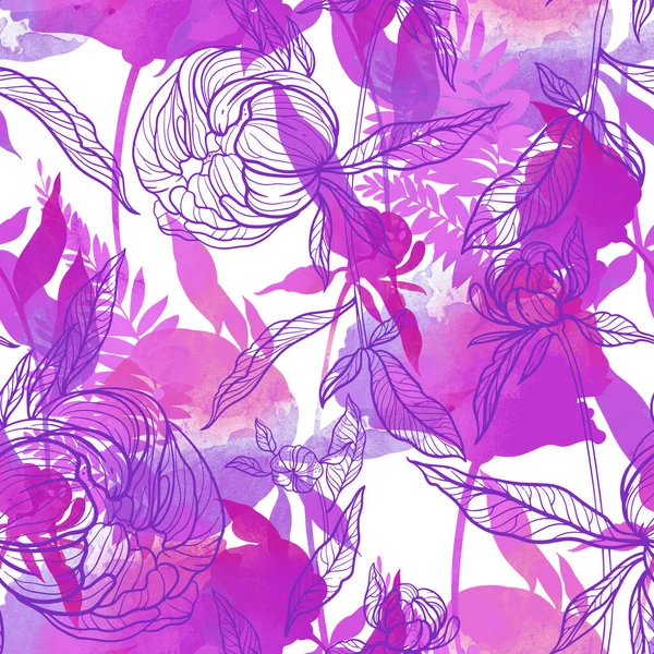 실루엣 양귀비와 고추에 미풍의 무늬가 집니다 수채화와 수채화를 디지털 미디어 — 스톡 사진