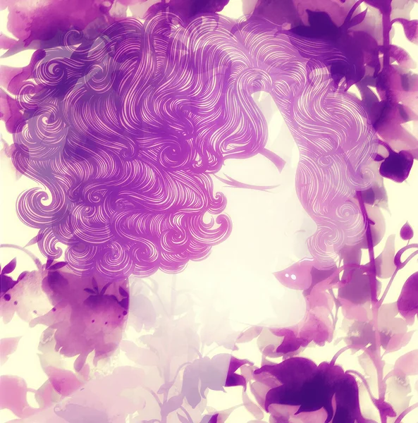 Spring Goddess Young Beautiful Girl Curly Hair Flowers Effect Double — Stock Photo, Image