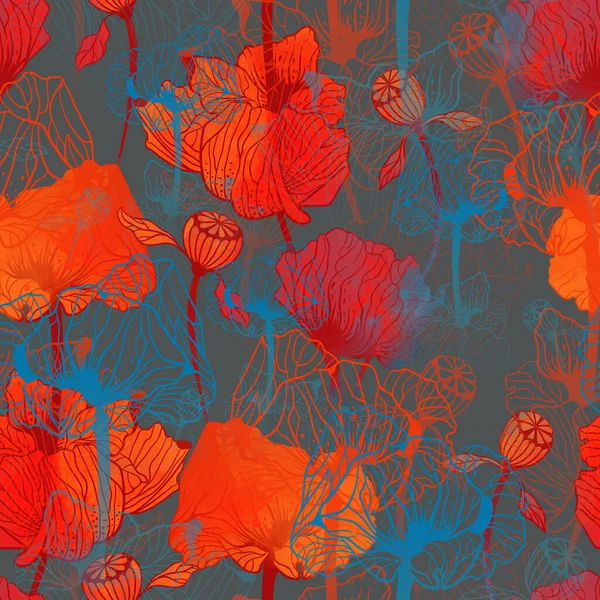 剪影草甸罂粟无缝图案 具有水彩纹理的数字手绘图片 混合媒体艺术品 纺织装饰和植物学设计的无穷无尽的主题 — 图库照片