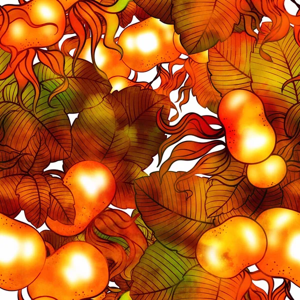 Rosehip Fruits Leaves Seamless Pattern Digital Lines Hand Drawn Picture — Stock Photo, Image