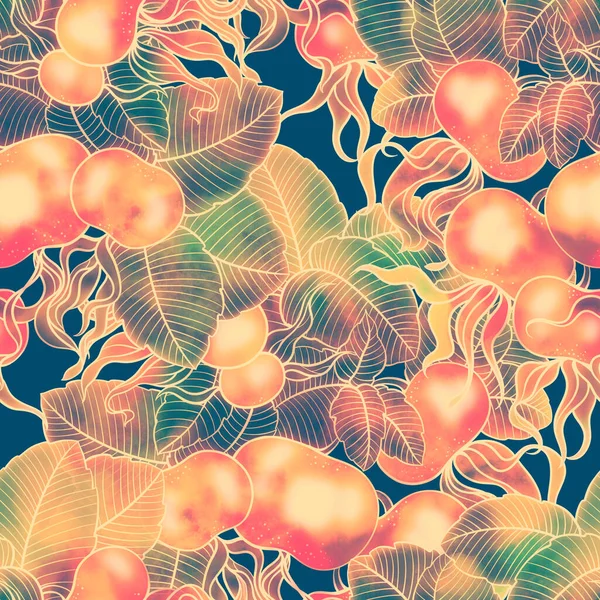 Rosehip Fruits Leaves Seamless Pattern Digital Lines Hand Drawn Picture — Stock Photo, Image