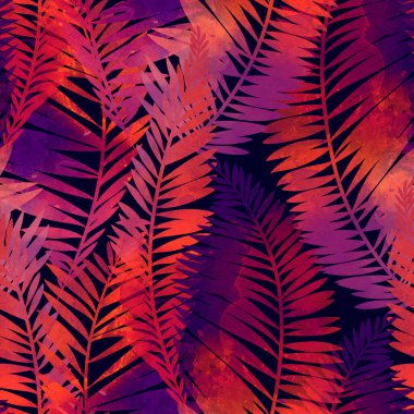 Tropikal yapraklar pürüzsüz. Suluboya desenli, benekli ve sıçrayan dijital el çizimi. Karışık medya işleri. Tekstil dekoru ve botanik tasarım için sonsuz motif