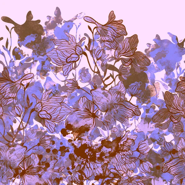 草原の花のシームレスな境界線 水彩の質感 スポットやスプラッシュとデジタル手描きの画像 混合メディアアートワーク テキスタイル装飾と植物のデザインのための無限のモチーフ — ストック写真