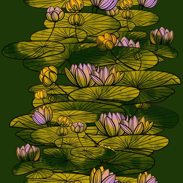 Fantastiska Näckrosor Och Lotusblommor Sömlösa Mönster Digitala Linjer Handritade Bild — Stockfoto
