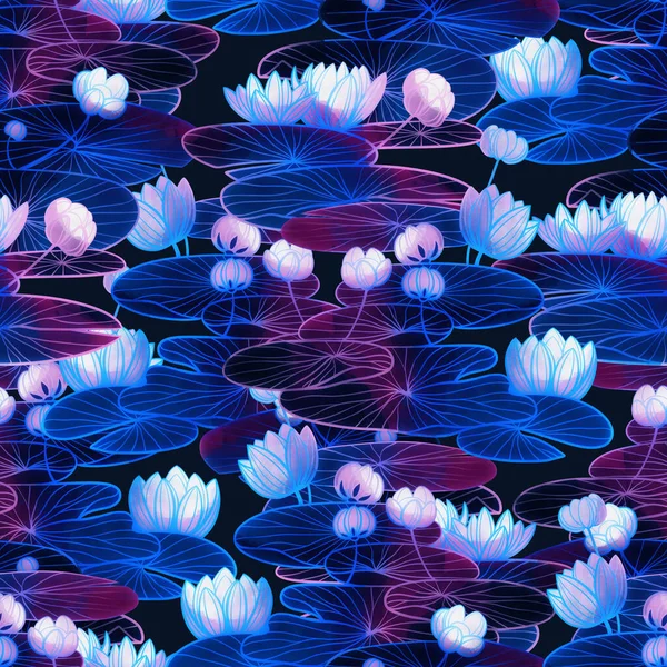 환상적 수련과 로우스 꽃들은 솔기없는 무늬를 지니고 디지털 라인은 물보라를 — 스톡 사진