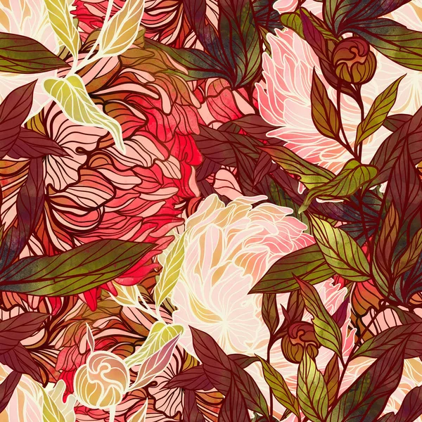 Pioenrozen Bloemen Bladeren Knoppen Naadloos Patroon Digitale Lijnen Met Hand — Stockfoto