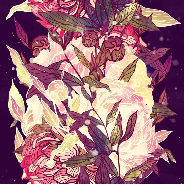 Pfingstrosen Blühen Blättern Und Knospen Nahtlose Muster Digitale Linien Handgezeichnetes — Stockfoto