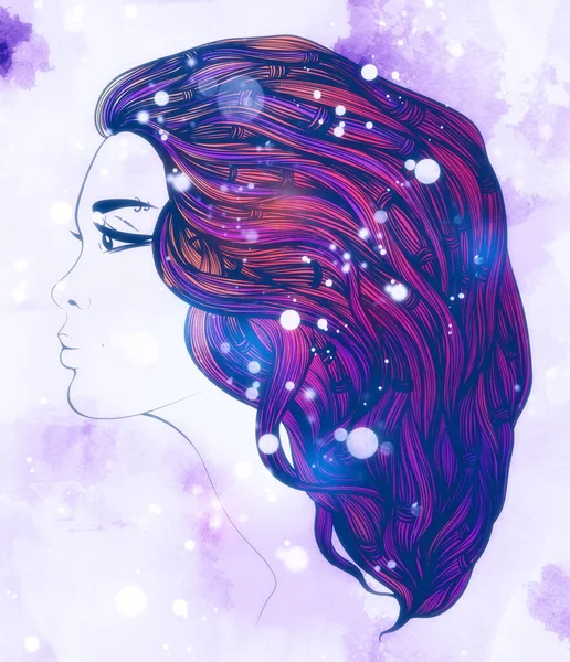 창의적 머리와 피어싱을 소녀의 디지털 그림에 수채화 물보라가 미디어 — 스톡 사진