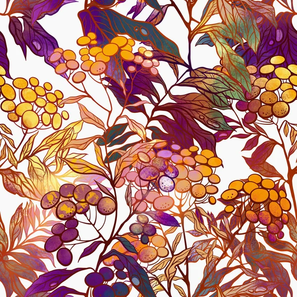 葉のシームレスなパターンに露滴を持つ牧草地の幻想的な花 デジタルライン手水の色の質感 スポットやスプラッシュ画像を描画します 混合メディアアートワーク テキスタイル装飾と植物のデザインのための無限のモチーフ — ストック写真