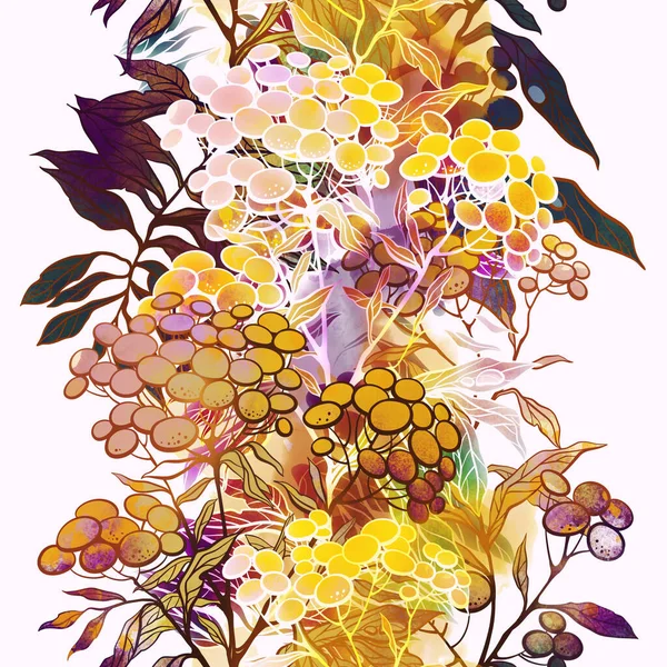 Meadow Fantastické Květiny Kapkami Rosy Listy Bezešvé Vzor Digitální Čáry — Stock fotografie