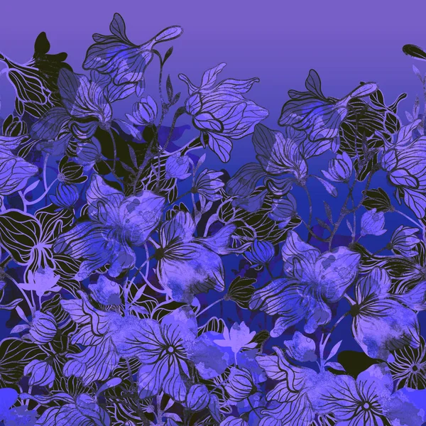 Meadow花无缝边界 具有水彩纹理 斑点和水花的数字手绘图片 混合媒体艺术品 纺织品装饰和植物学设计的无限主题 — 图库照片