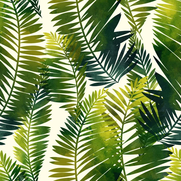 热带树叶无缝图案 具有水彩纹理 斑点和水花的数字手绘图片 混合媒体艺术品 纺织品装饰和植物学设计的无限主题 — 图库照片
