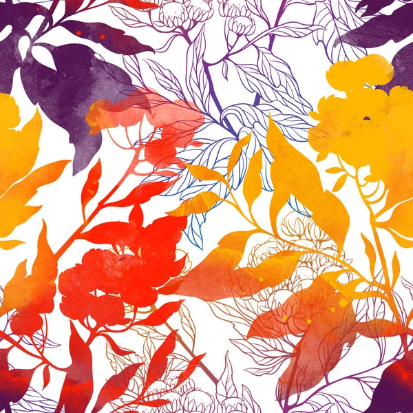 草原の花のシームレスなパターン デジタルライン手水の色の質感 スポットやスプラッシュ画像を描画します 混合メディアアートワーク テキスタイル装飾と植物のデザインのための無限のモチーフ — ストック写真