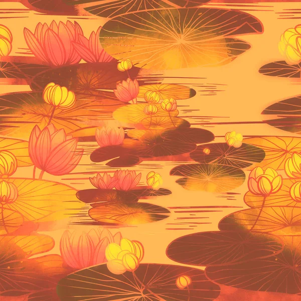 Fantastic water lilies and lotuses flowers seamless pattern. Digital lines hand drawn picture with watercolour texture, spots and splashes. Mixed media artwork. Endless motif for textile decor and botanical design
