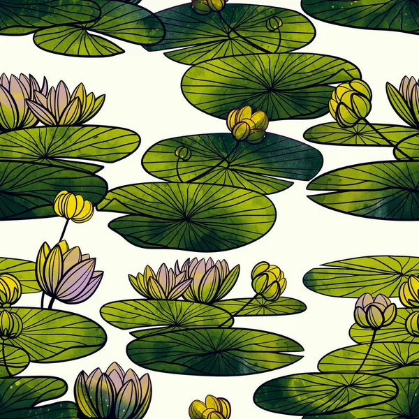 Fantastic water lilies and lotuses flowers seamless pattern. Digital lines hand drawn picture with watercolour texture, spots and splashes. Mixed media artwork. Endless motif for textile decor and botanical design