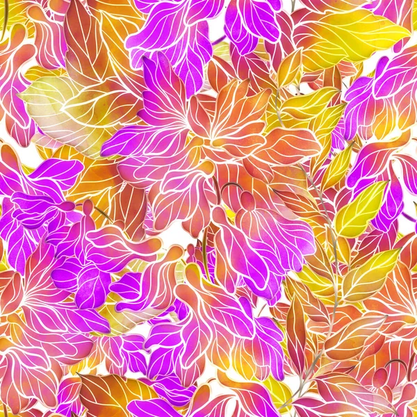 梅朵花无缝图案 具有水彩纹理 斑点和水花的数字线条手绘图片 混合媒体艺术品 纺织品装饰和植物学设计的无限主题 — 图库照片