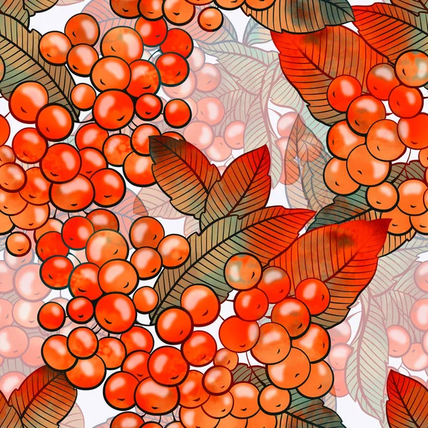 Vogelbeeren Und Blätter Nahtlose Muster Digitale Linien Handgezeichnetes Bild Mit — Stockfoto