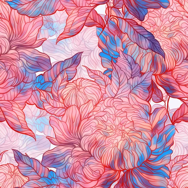 牡丹の花 葉や芽ヴィンテージシームレスパターン デジタルライン手水の色の質感 スポットやスプラッシュ画像を描画します 混合メディアアートワーク テキスタイル装飾と植物のデザインのための無限のモチーフ — ストック写真