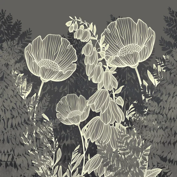 Eğreltiotu Yapraklarını Çayır Çiçeklerini Dikişsiz Sınıra Yerleştirir Dijital Çizgiler Suluboya — Stok fotoğraf