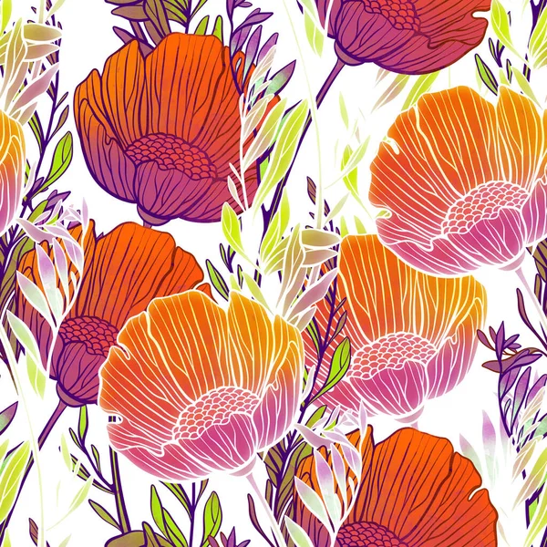 Meadow Fantastic Flowers Leaves Seamless Pattern Digital Lines Hand Drawn — Stock Photo, Image