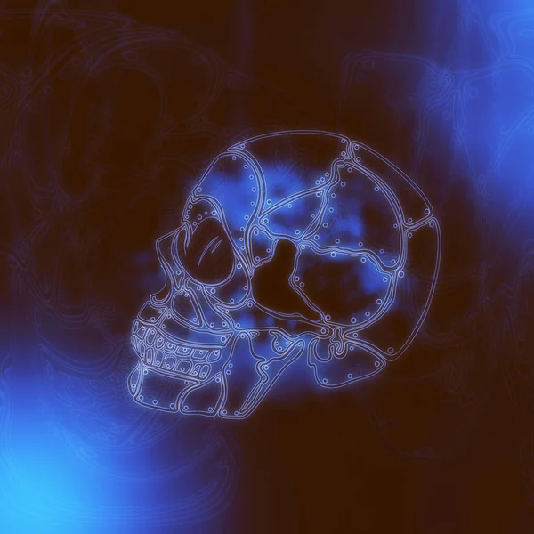 Crâne Cyberpunk Lignes Numériques Dessin Main Avec Texture Aquarelle Taches — Photo