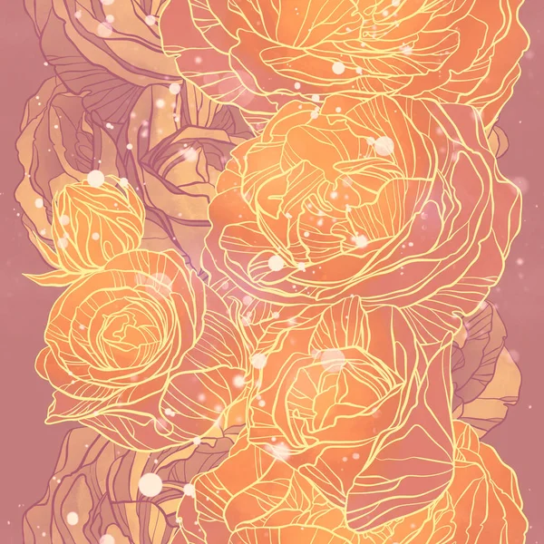 Roses Flowers Vintage Seamless Pattern Digital Lines Hand Drawn Picture — Stock Photo, Image