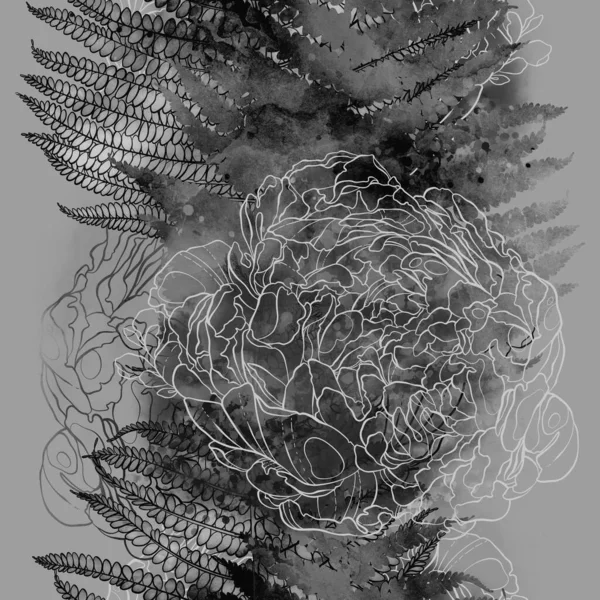 Розы Пионы Черно Белый Бесшовный Рисунок Цифровые Линии Рисунок Акварелью — стоковое фото