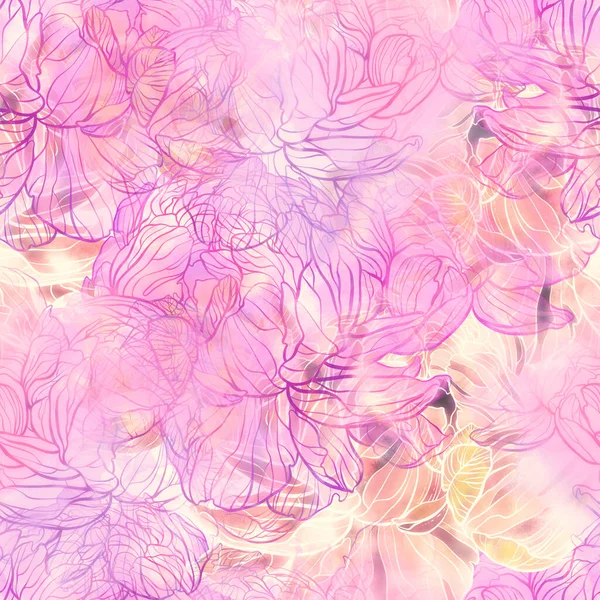 牡丹の芽と花のシームレスなパターン デジタルライン手水の色の質感 スポットやスプラッシュ画像を描画します 混合メディアアートワーク テキスタイル装飾と植物のデザインのための無限のモチーフ — ストック写真