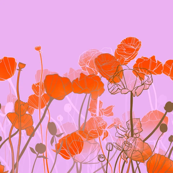 罂粟花无缝边界 具有水彩纹理 斑点和水花的数字线条手绘图片 混合媒体艺术品 纺织品装饰和植物学设计的无限主题 — 图库照片