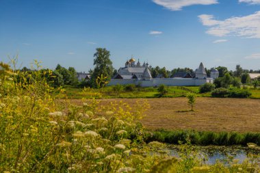 Yazın güneşli havalarda Suzdal şehrinin mimarisi. Rus köyü.