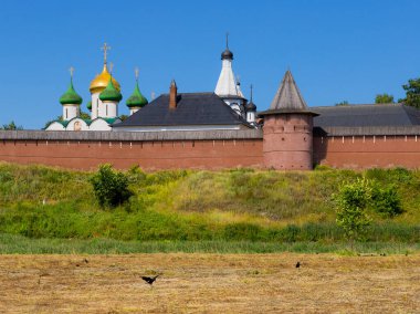Yazın güneşli havalarda Suzdal şehrinin mimarisi. Rus köyü.