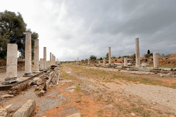 柱街的废墟从正门到市中心 两边都是 Stylobates 的柱子 没有资本 Pamphylian 安塔利亚省 土耳其 — 图库照片