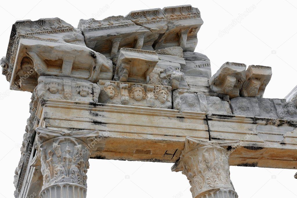 The temple of Apollo on the tip of the Side peninsula with its 5 re-erected Corinthian columns-remnants of the colonnade or peripteros on all four sides of the central chamber. Pamphylian coast-Turkey