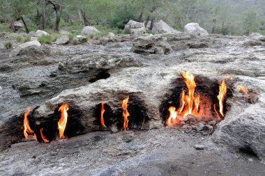 Yanartaş veya yanan taş sürekli harekete geçirilir. Mount Chimaera-Çıralı-Türkiye. 0473
