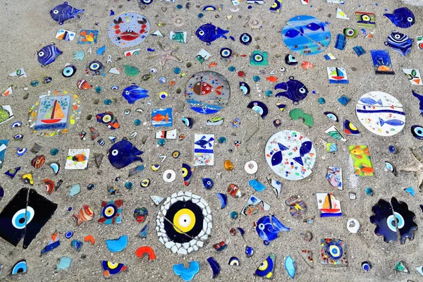 Decoración Azulejos Acristalados Que Representan Motivos Tradicionales Locales Pescado Nazar —  Fotos de Stock
