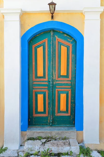 Blue Green Yellow Wooden Door Restored Neoclassical House Backstreet Main — Stock Photo, Image