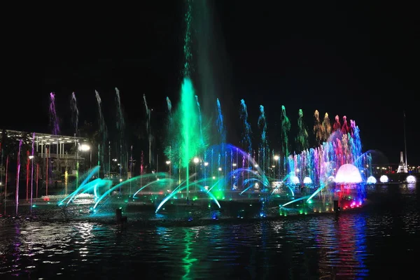 里萨尔公园的音乐舞蹈之泉被认为是全国最大的音乐舞蹈之泉 在里萨尔公园举行了一场水上飞机 水火箭 孔雀喷水表演 马尼拉 菲律宾 — 图库照片