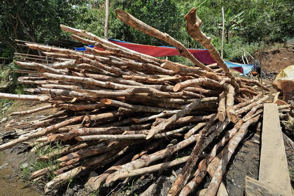 Fresh-cut logs for construction piled in open air to dry naturally in the ditch of the Mayoyao-Alfonso Lista-Isabela rd. Bocos barangay-Banaue municipality-Ifugao province-Cordillera reg.-Philippines.