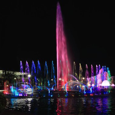 Rizal Park-Liwasang Rizal Müzikal Dansçı Pınarı ülkenin en büyüğü olarak kabul edilen Rizal Müzikal Parkı 'nda ateş topları, roketler ve tavuskuşu püskürtme su ekranı yükselen bir su gösterisi düzenliyor. Manila-Filipinler.
