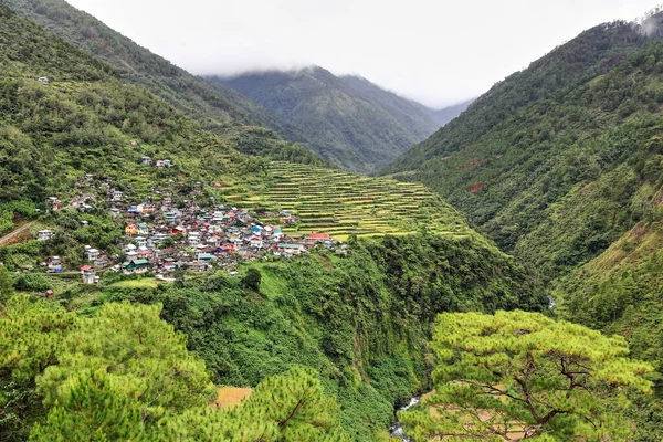 Dorf Und Reisterrassen Thronen Auf Der Klippe Über Dem Talubin — Stockfoto