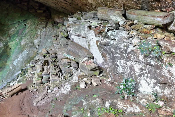 超过100个木制棺材 据认为最古老的棺材大约有500年 堆放在地衣衬里的入口大厅里 Lumiang Burial Cave Sagada Mountain Province Cordillera — 图库照片