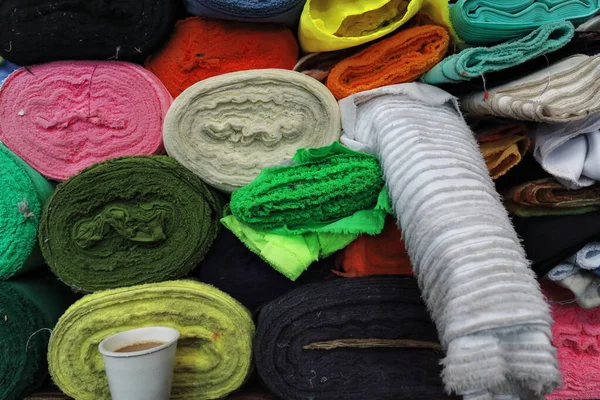 Stall Selling Several Fabric Varieties Different Colors Finishings Its Location — Stock Photo, Image