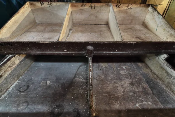Two Levels Trapezoidal Shaped Empty Wooden Drawers Showcase Rice Selling — Stock Photo, Image