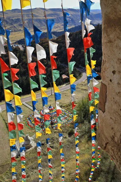 Lung Wind Horse Buddhist Prayer Flags Hanging Vertical Garlands Window — Stock Photo, Image