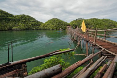 Bamboo and wooden planks footbridge with railings of tree logs and yellow-blue flags linking the mainland and Latasan and Tinagong Dagat islands. Sipalay-Negros Occidental-Western Visayas-Philippines. clipart