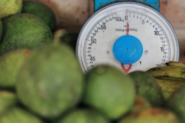 Market Stall Displaying Green Coconuts Bananas Sale Dial Spring Scale — Stock Photo, Image