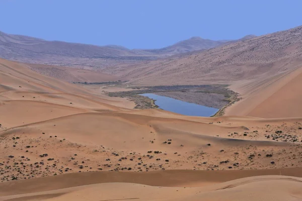 未確認の湖は ゴビ砂漠のバダン ジャラン バダンジリン シャモ ミステリアスな湖砂漠部門を形成するメガドーンの1つを反映しています 左の銀行のタイヤ痕 アルシャ高原 内モンゴル — ストック写真