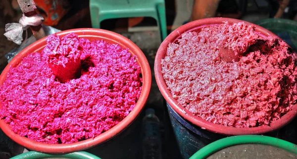 Plastic Buckets Filled Reddish Pinkish Grated Ube Purple Yam Used — Stock Photo, Image