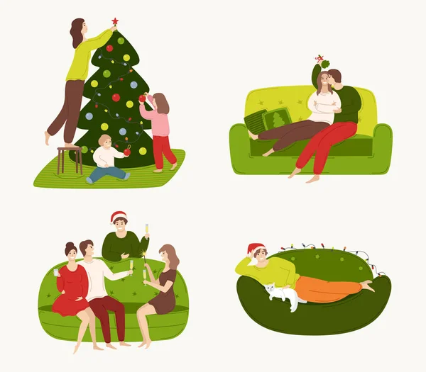冬の休日のための準備し 自宅で安静時に関わる人々 のセット 家族を飾るクリスマス ツリー ヤドリギの下でキスをカップル 友人を祝う祝日 — ストックベクタ