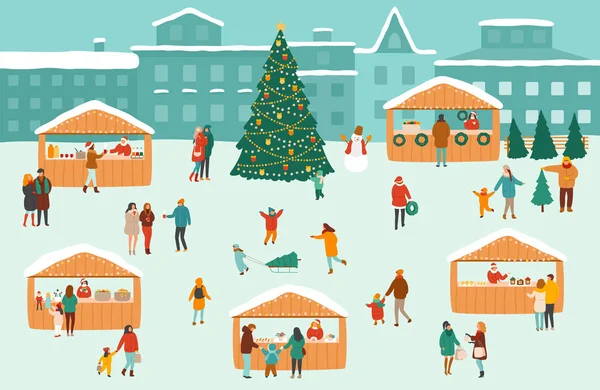 Vector Illustratie Van Een Kerstmarkt Vakantiewoningen Buiten Beurs Stadsplein Met — Stockvector